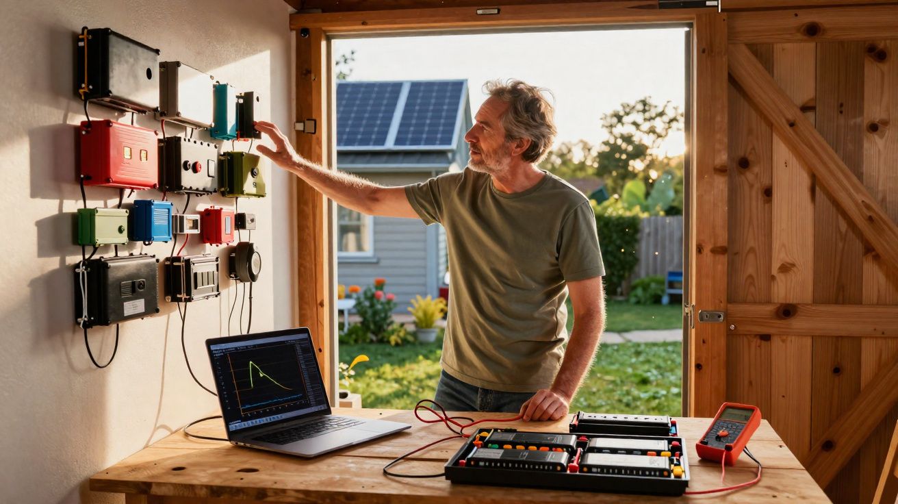 Homem num espaço com painéis solares, analisando dados de energia com laptop e equipamentos eletrónicos.