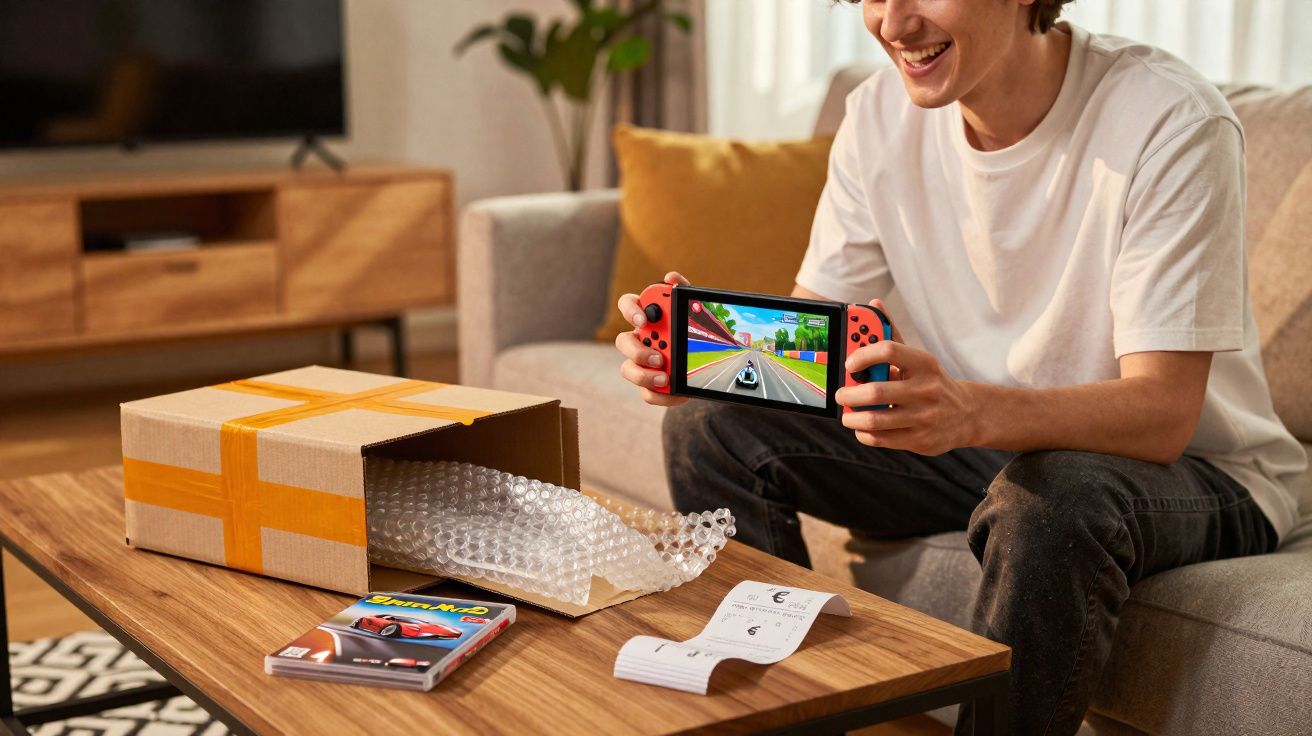 Pessoa sentada no sofá a jogar numa consola portátil recém-desembalada numa sala acolhedora.