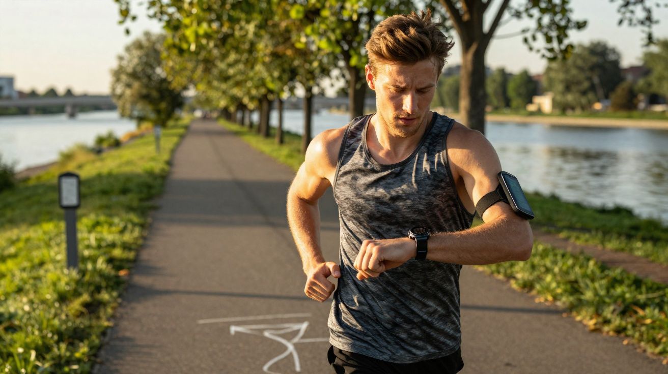 Homem a correr numa ciclovia junto a um rio, a olhar para um relógio no pulso, num dia soalheiro.