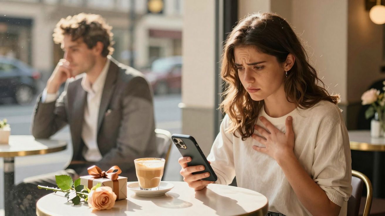 Mulher preocupada a olhar para o telemóvel numa cafetaria; homem ao fundo com expressão triste.