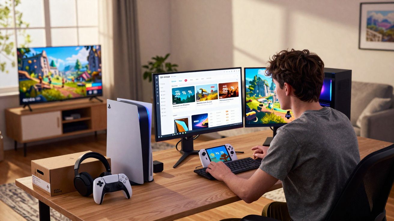 Jovem sentado numa secretária com dois ecrãs, consola portátil, comando e PlayStation 5 à vista numa sala.