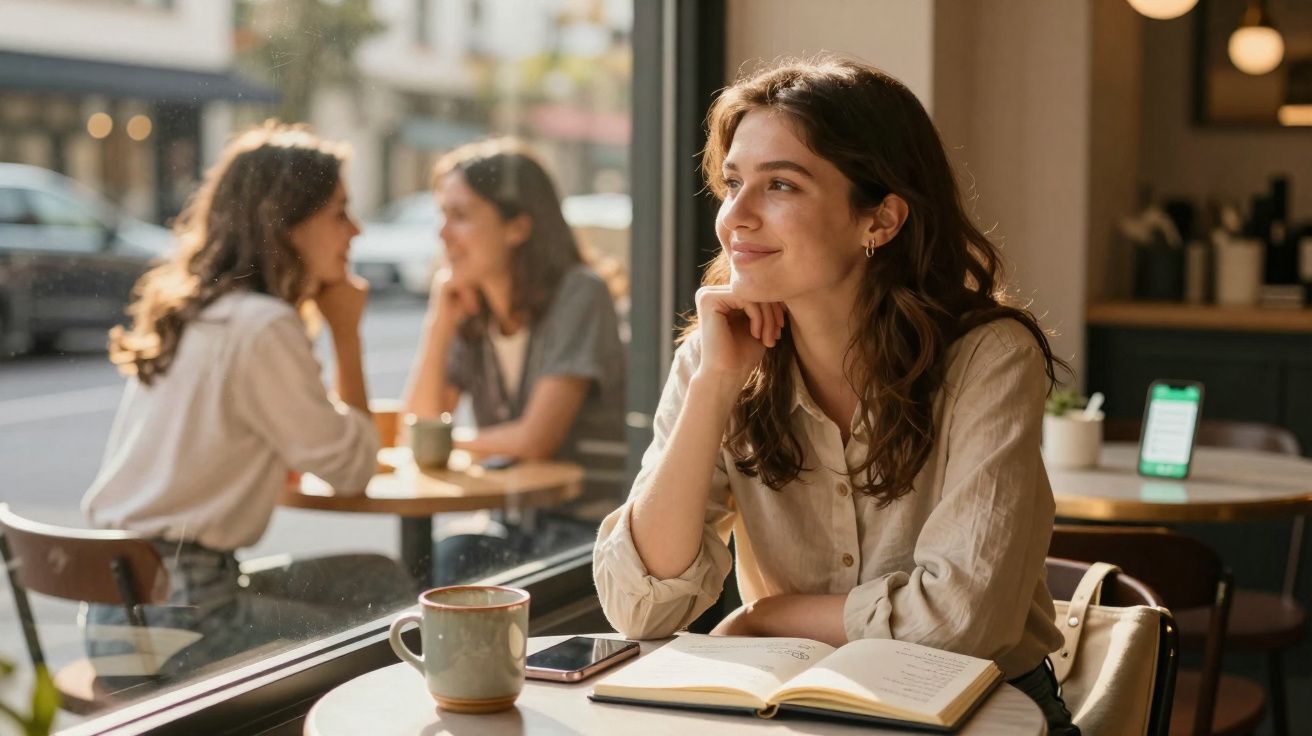 Mulher sentada à mesa de café com livro aberto e caneca, olhando pela janela e sorrindo.