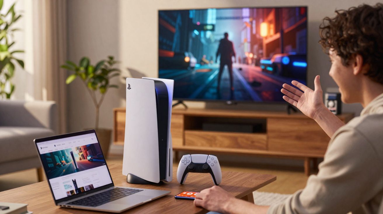 Jovem a jogar videojogo numa PS5 com comando e ecrã de computador e televisão ligada numa sala.