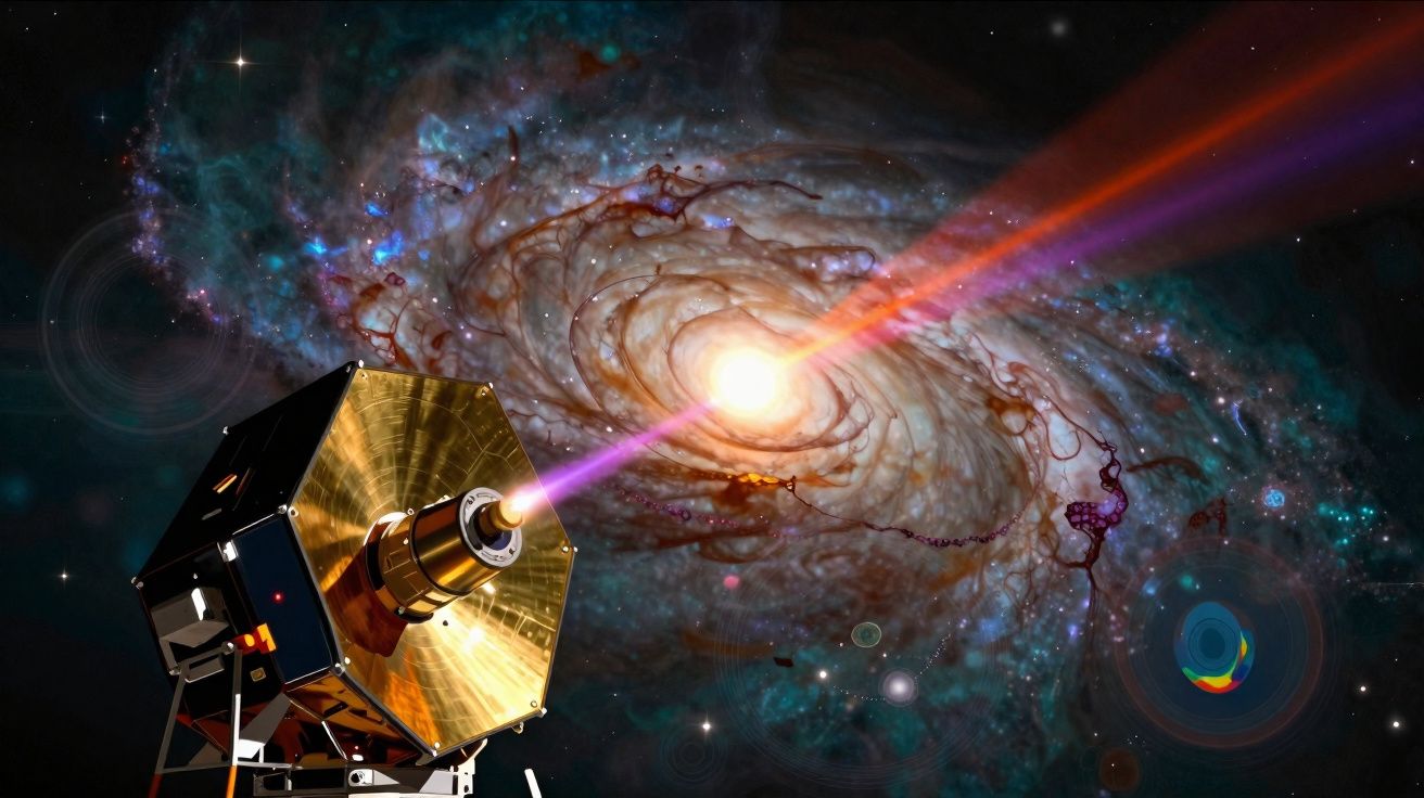 Sonda espacial emite feixe de luz para galáxia espiral brilhante no espaço profundo.