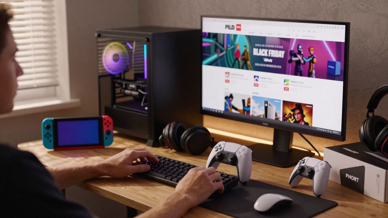 Pessoa sentada a usar computador com ecrã a mostrar site de promoções de Black Friday, comandos de consola e auscultadores.