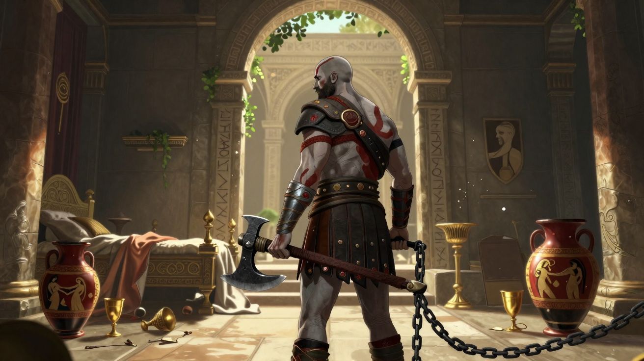 Guerreiro com machado e correntes numa sala antiga iluminada, com estátuas e vasos decorativos.