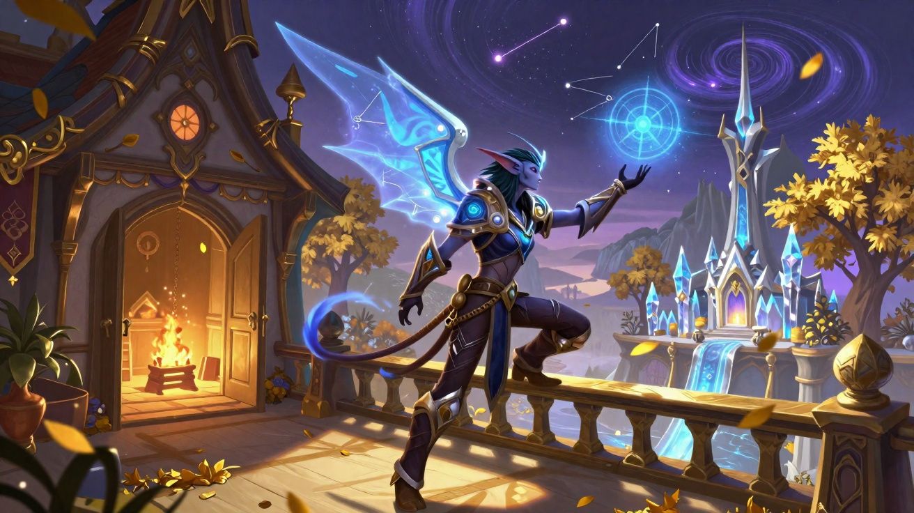 Personagem com asas luminosas observa constelações numa varanda ao pôr do sol, diante de castelo místico.