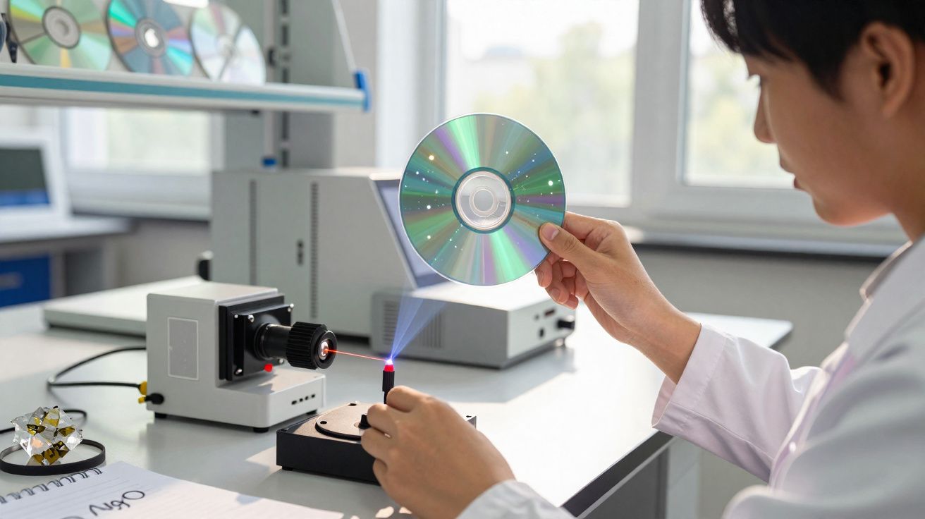 Pessoa a testar leitura de disco óptico com aparelho de laser num laboratório.