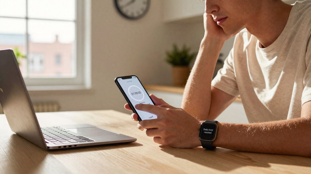 Pessoa sentada numa mesa, a usar telemóvel com cronómetro e relógio inteligente, com portátil aberto ao lado.