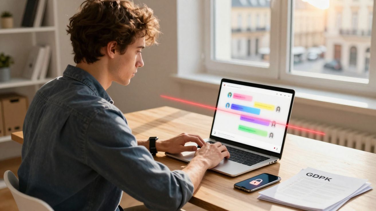 Homem a usar computador portátil para envio de mensagens num ambiente de escritório iluminado.