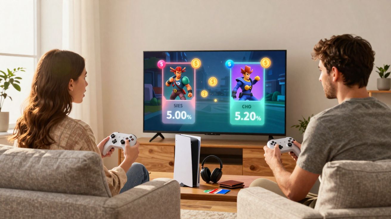 Casal sentado em sofá a jogar videojogo numa televisão, segurando comandos brancos numa sala iluminada.