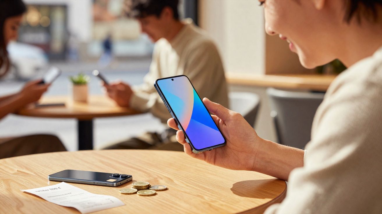 Pessoa a usar smartphone num café com mesa de madeira, telemóvel e moedas sobre a mesa.