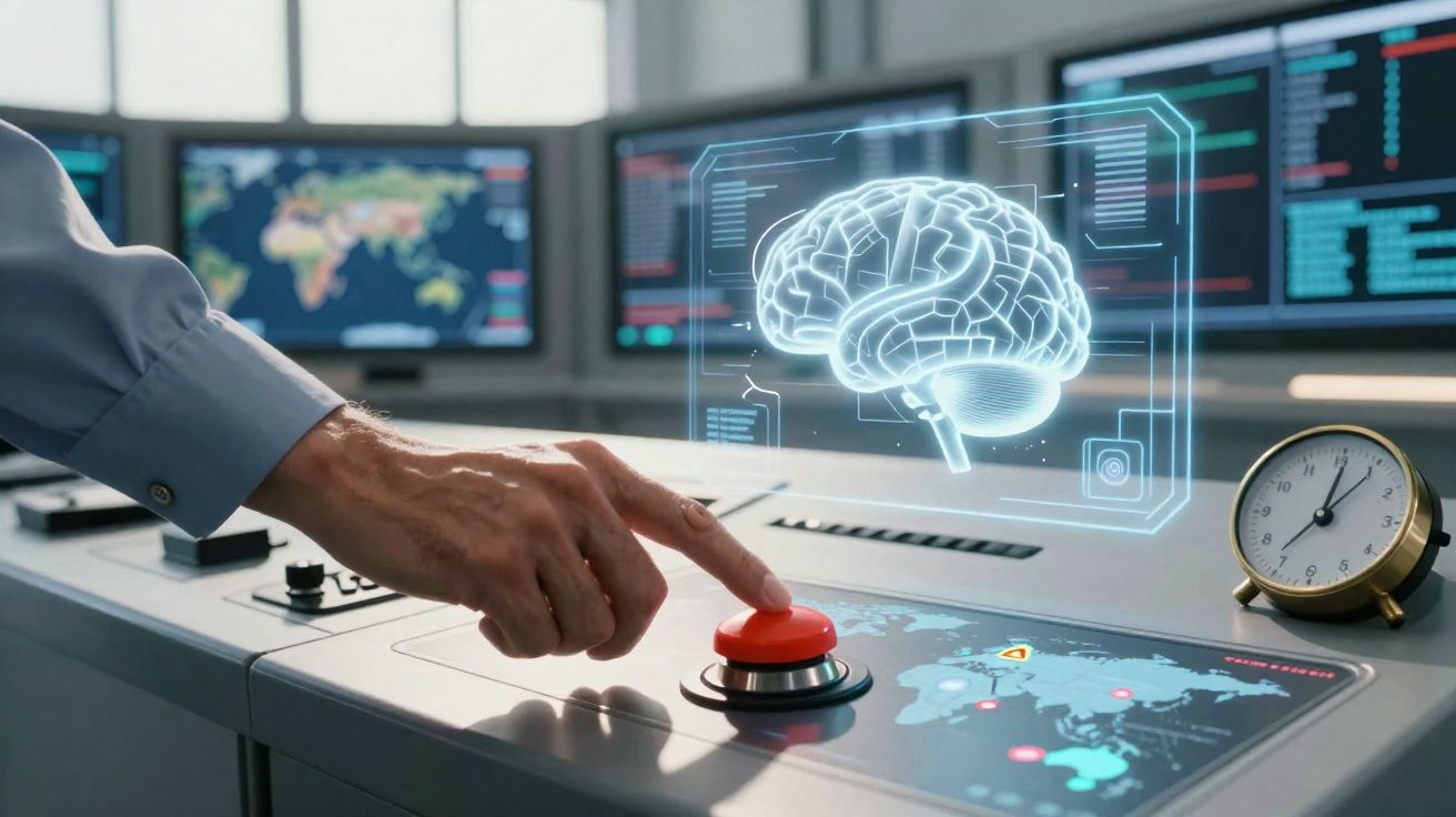 Mão a pressionar botão vermelho num painel tecnológico com holograma de cérebro e mapas digitais.
