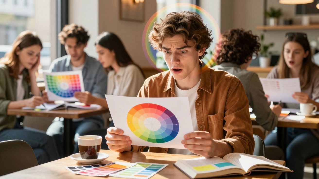 Jovem surpreendido a analisar roda de cores enquanto grupo discute amostras de cores ao fundo.