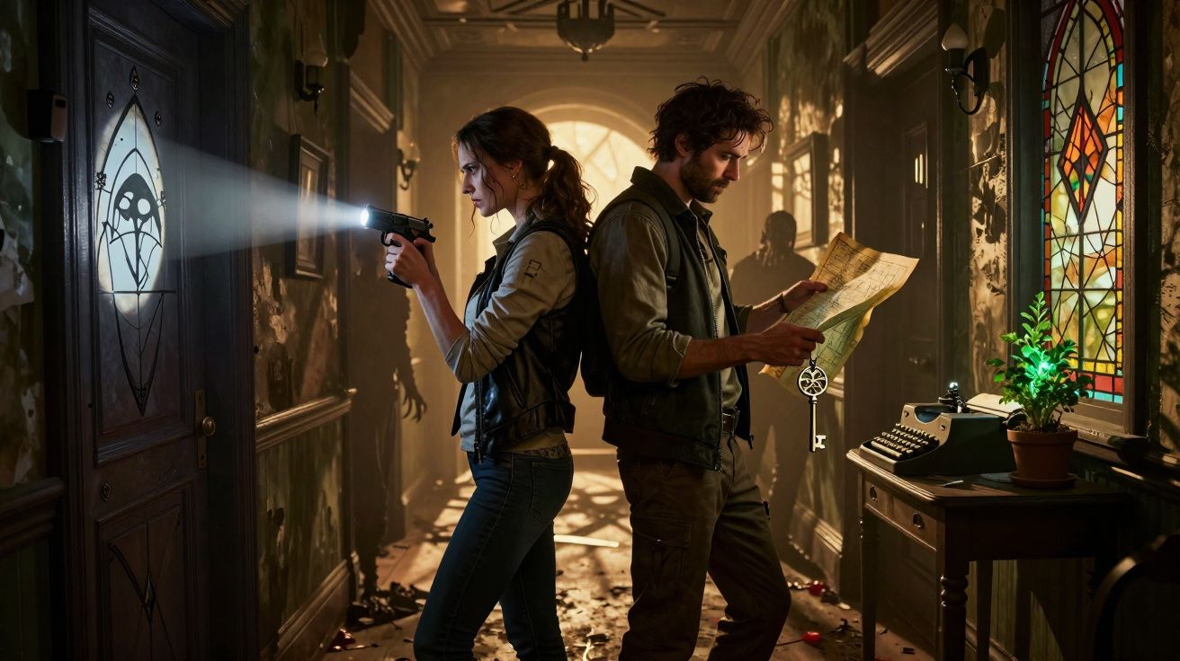 Homem com mapa e chave e mulher com arma e lanterna numa casa antiga com luz e vitral colorido.