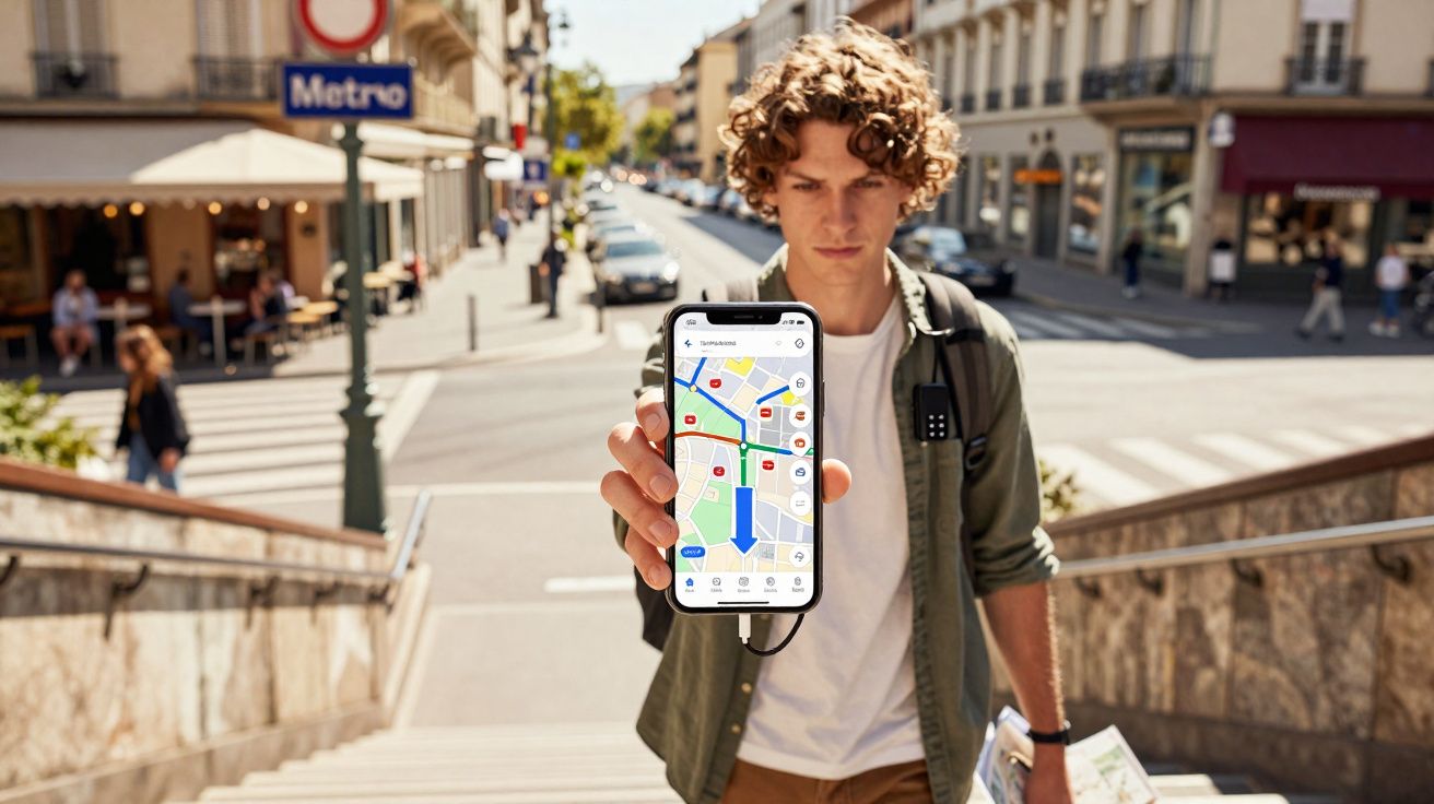 Jovem mostra ecrã de smartphone com aplicação de mapas numa rua movimentada perto da entrada do metro.