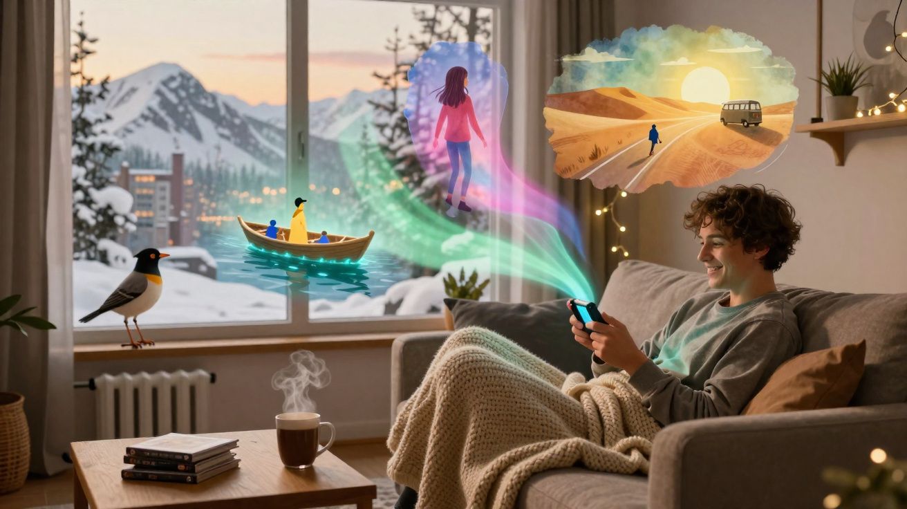 Jovem no sofá com telemóvel a criar imagens coloridas de aventuras enquanto olha pela janela para a neve.