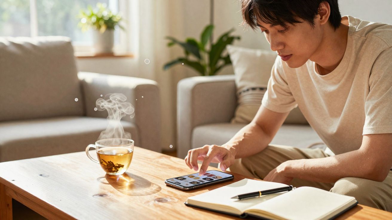 Homem sentado no sofá a usar telemóvel com chá quente e caderno numa mesa de madeira em sala iluminada.