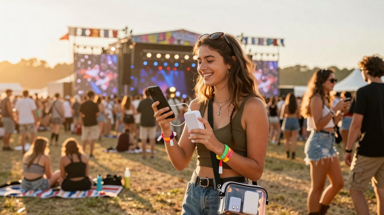 Jovem sorridente usa power bank para carregar telemóvel num festival ao ar livre com palco e público ao fundo.