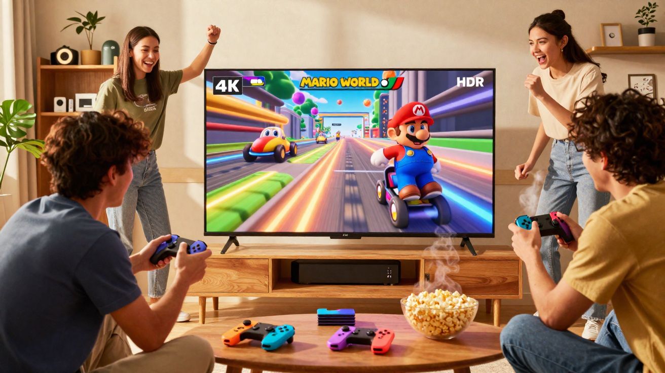 Quatro jovens jogam Mario Kart numa televisão 4K enquanto comem pipocas numa sala acolhedora.