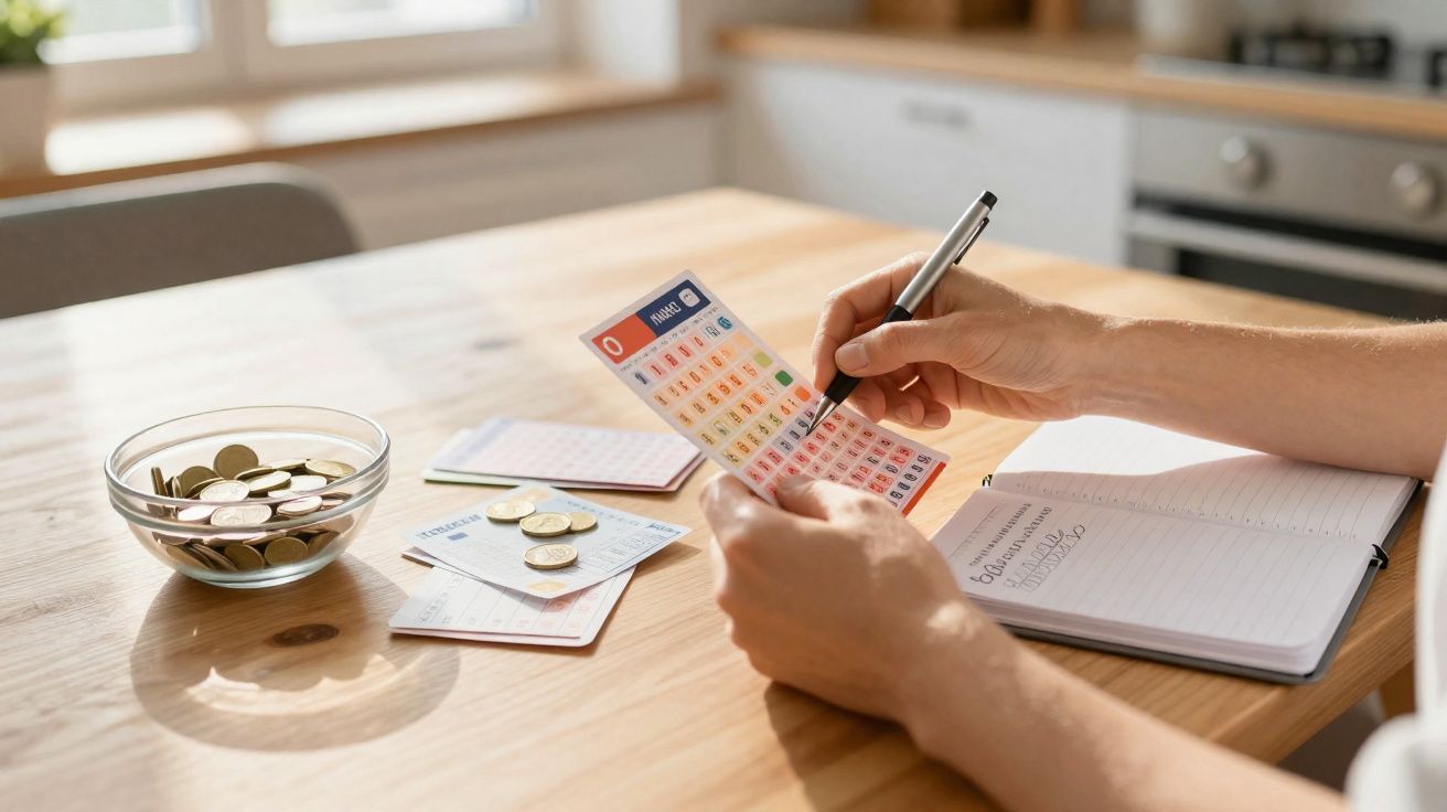 Pessoa a marcar números num boletim de aposta do Euromilhões com moedas e caderno numa mesa de cozinha.