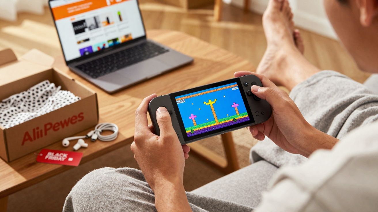 Pessoa sentada a jogar videojogo numa consola portátil com portátil aberto e caixa na mesa à frente.