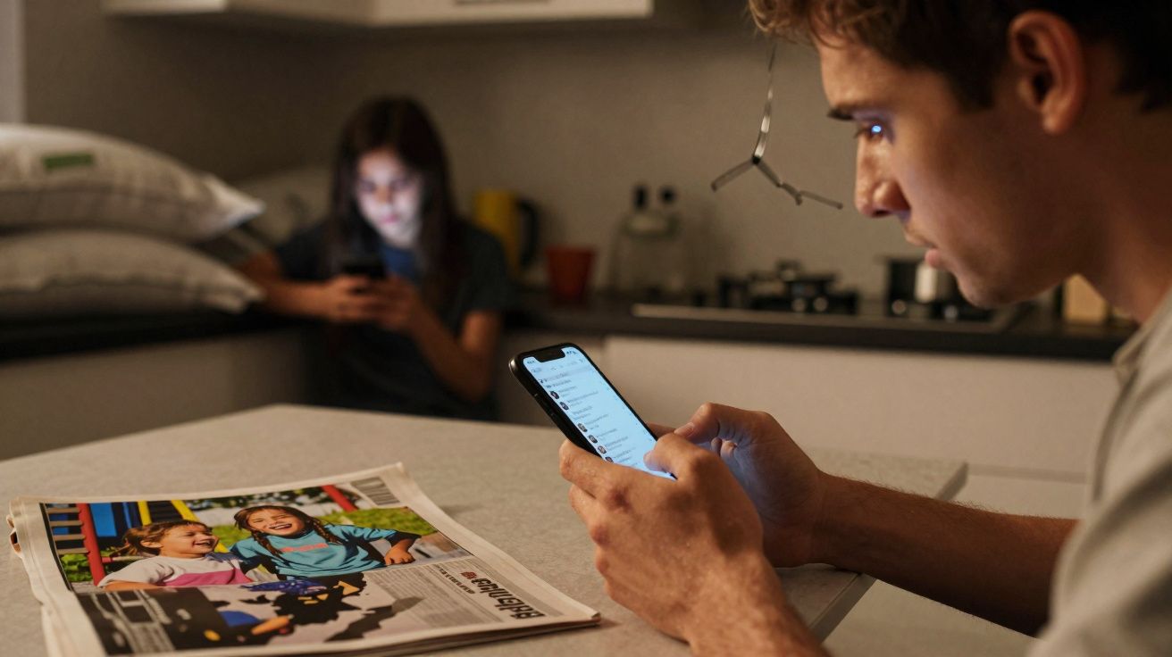 Homem e mulher em casa à noite, cada um concentrado no telemóvel, com jornal na mesa.