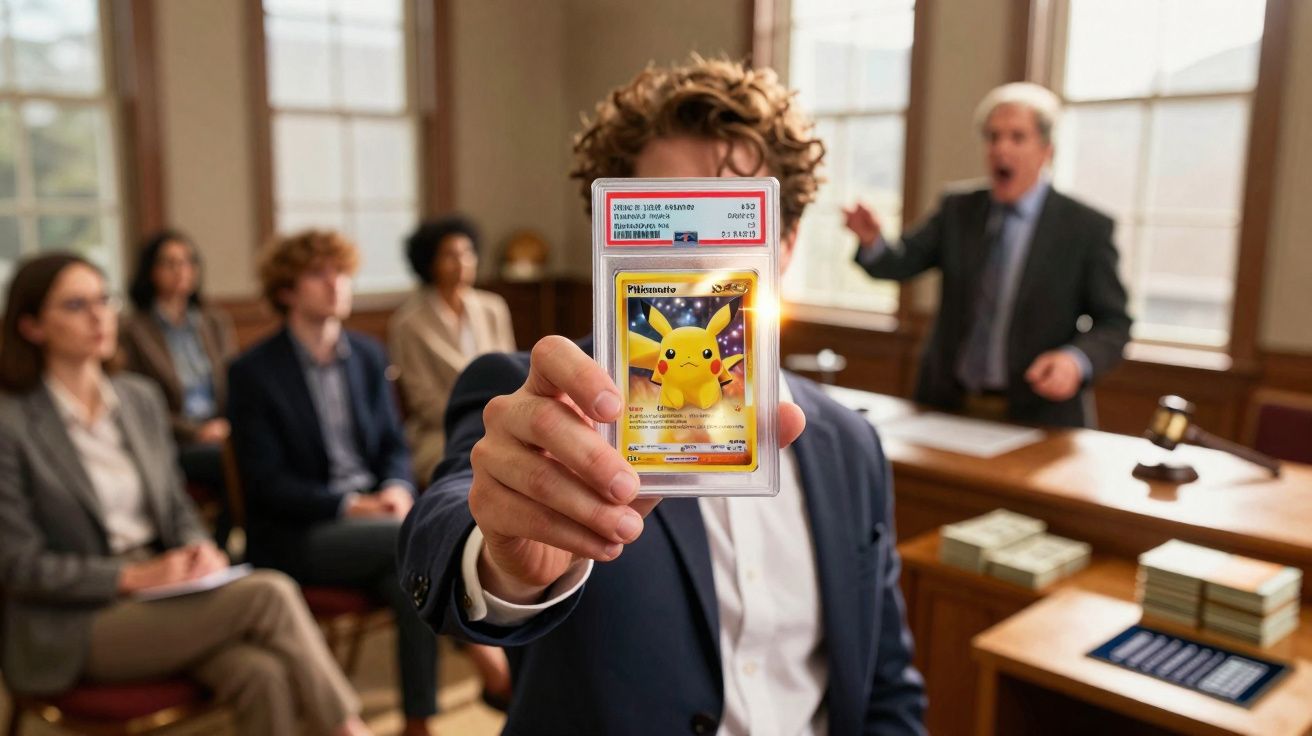 Homem mostra carta rara de Pikachu durante leilão em sala com várias pessoas a observar.