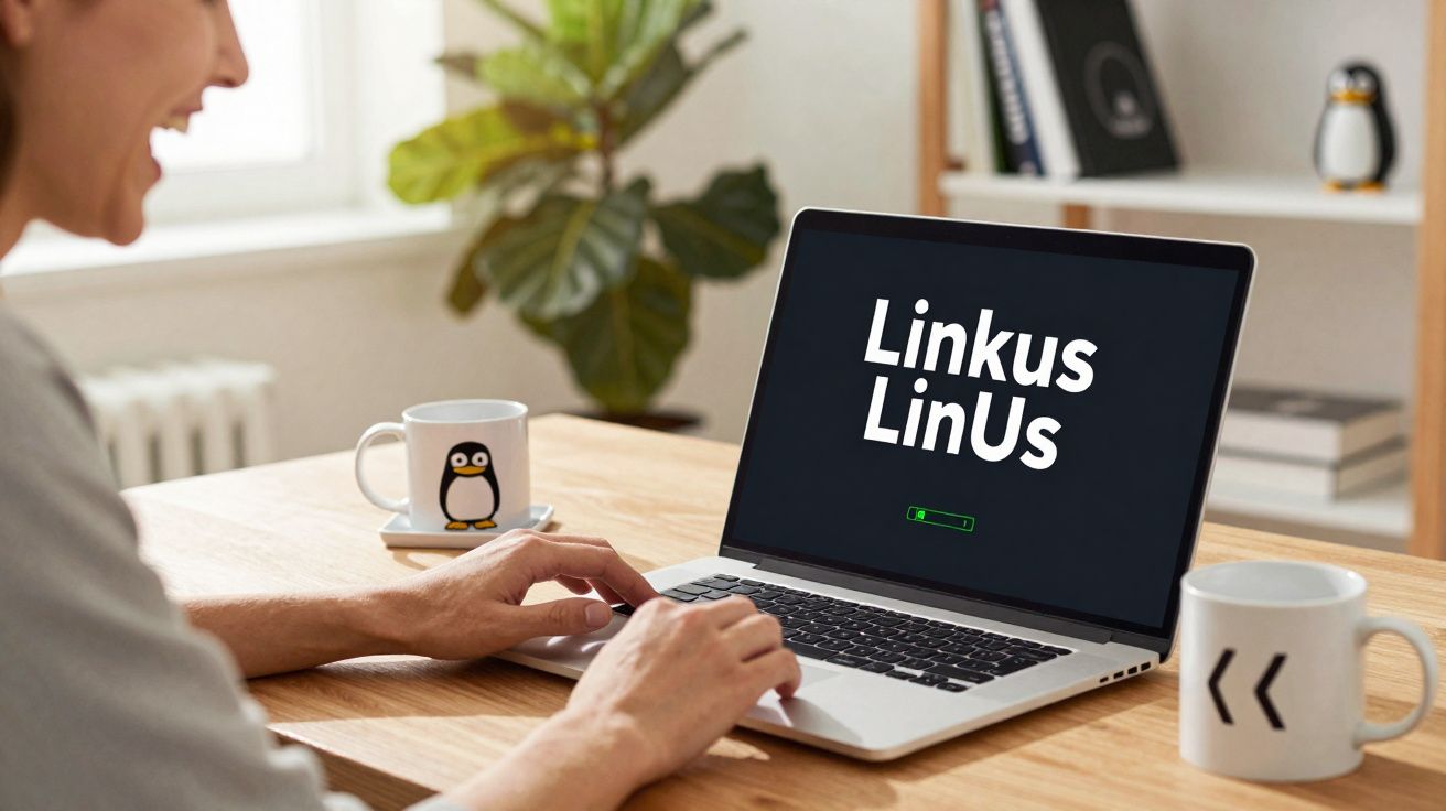Pessoa a usar um portátil com texto na tela “Linkus LinUs” num ambiente de trabalho doméstico.