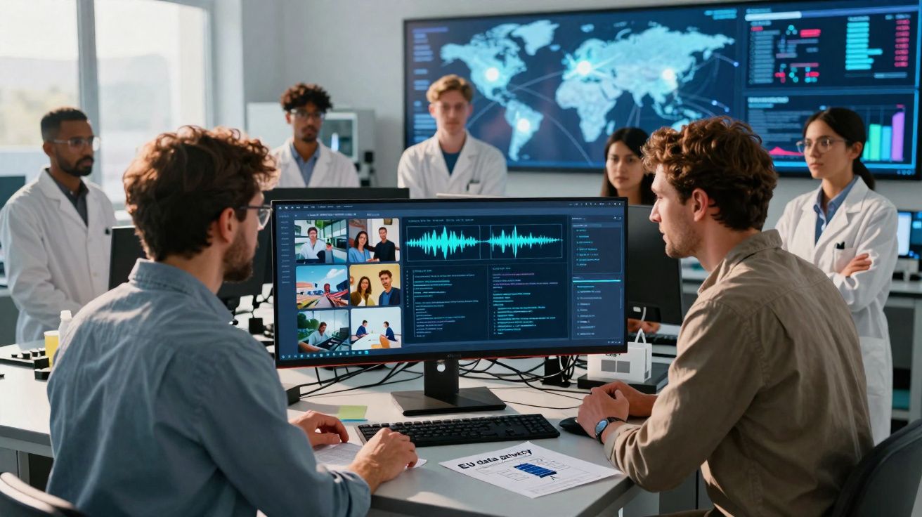 Equipa científica analisa dados e gráficos em ecrãs de computador num laboratório tecnológico moderno.