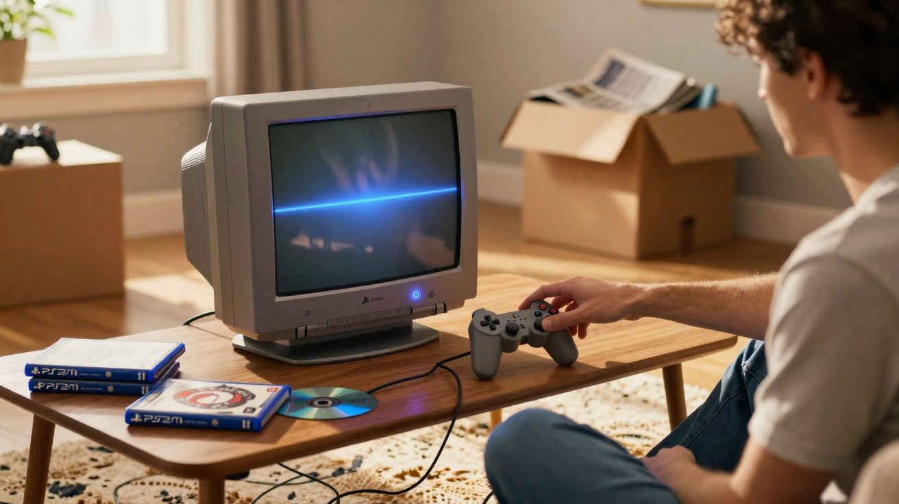 Jovem sentado no chão a jogar PlayStation clássico numa televisão antiga com comando cinzento.