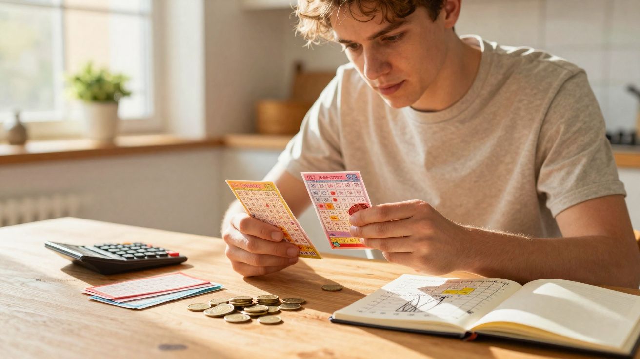 Jovem sentado à mesa a analisar bilhetes de lotaria com moedas e caderno à sua frente numa cozinha iluminada.