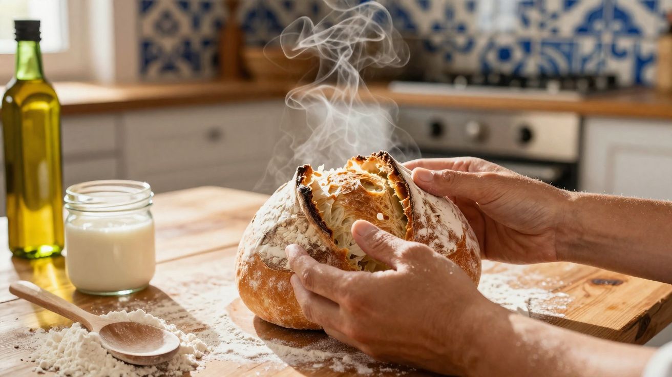Pão caseiro acabado de sair do forno a soltar vapor, mãos a partir o pão numa cozinha rústica.