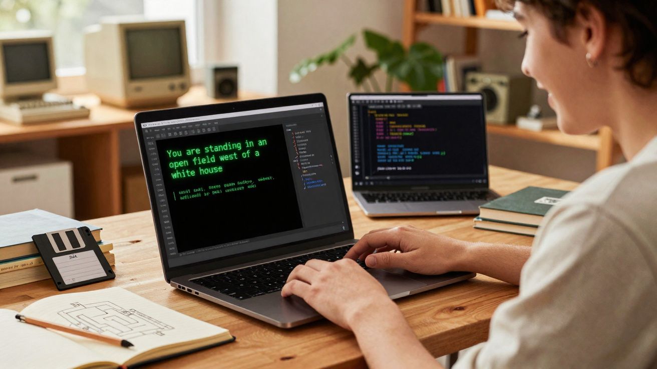 Pessoa a programar jogos em dois portáteis numa mesa de madeira com cadernos e disquete antigo.
