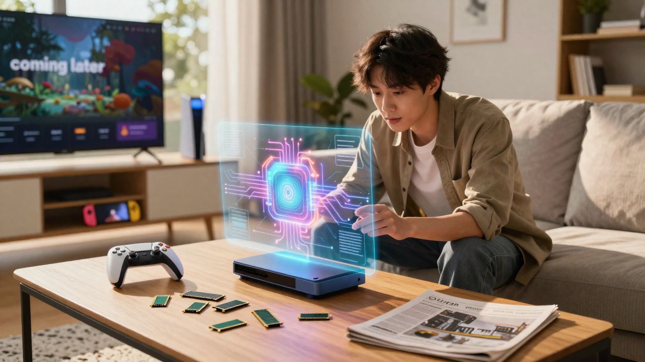 Jovem sentado no sofá interactuando com dispositivo tecnológico e holograma sobre uma mesa com peças e comando de videojogo.