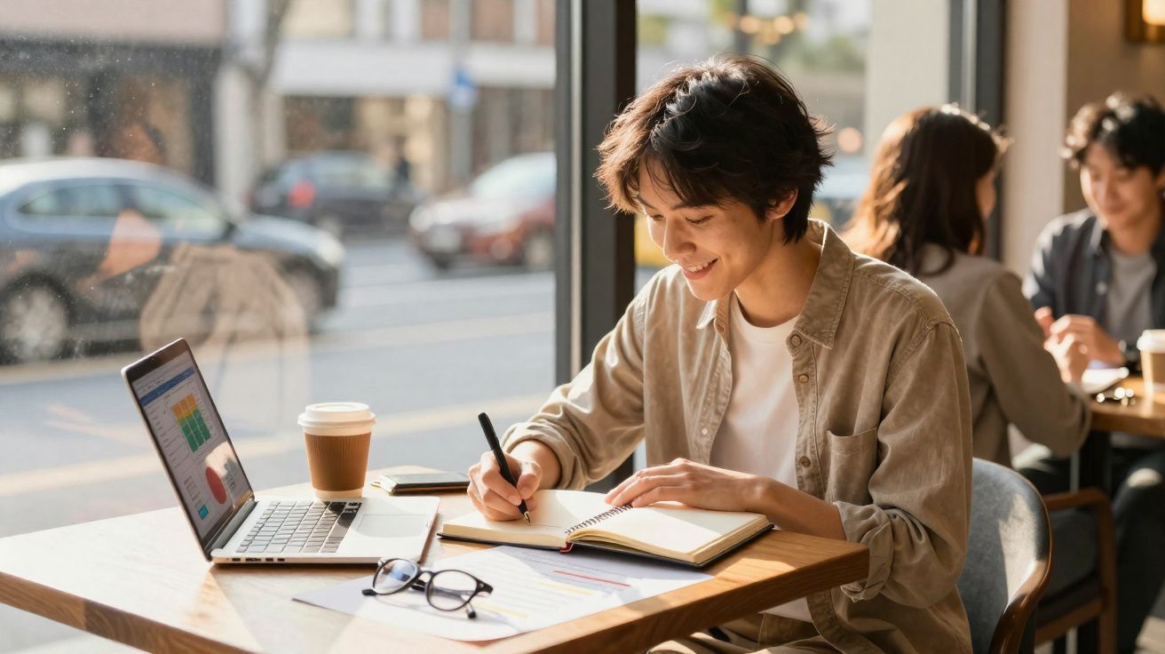 Pessoa a sorrir enquanto escreve num caderno, com portátil e café numa mesa junto à janela de um café.