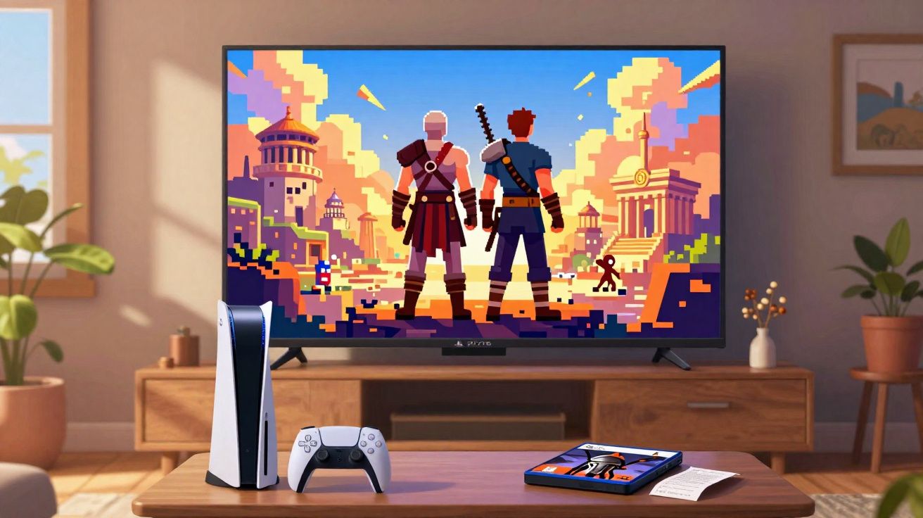 Consola PlayStation 5 com comando, jogo em cassete e jogo pixelizado exibido na TV numa sala iluminada.