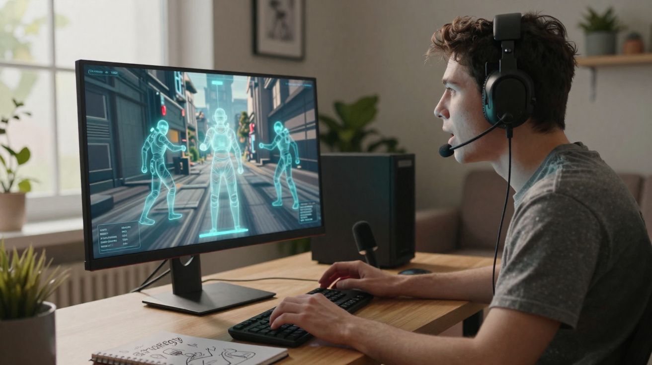 Jovem a jogar videojogo num computador com auscultadores e microfone numa mesa com plantas e caderno.