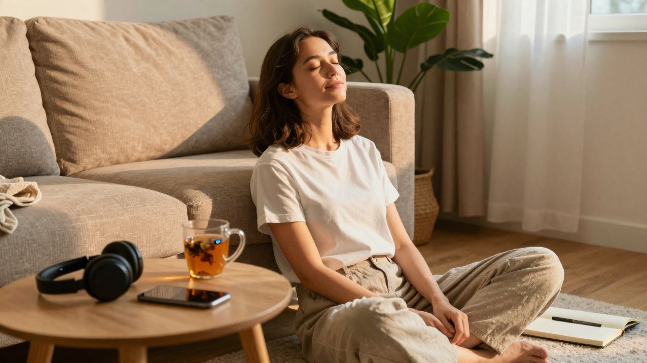Mulher sentada no chão de sala a relaxar com olhos fechados, com chá e auscultadores numa mesa próxima.