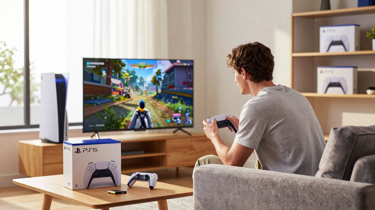 Jovem joga videojogo numa consola PlayStation 5 numa sala moderna com comandos e embalagem na mesa.