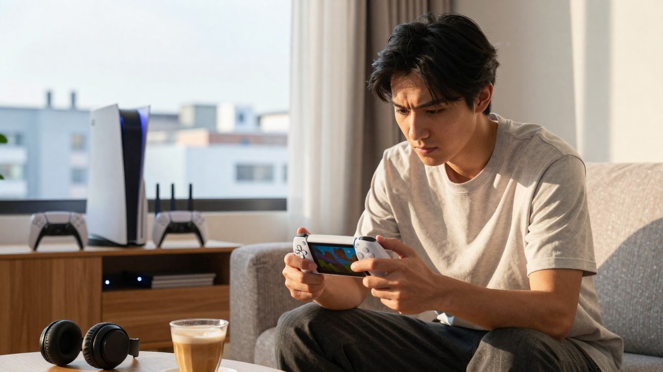 Homem sentado no sofá a jogar num comando de consola portátil com fones e café na mesa.