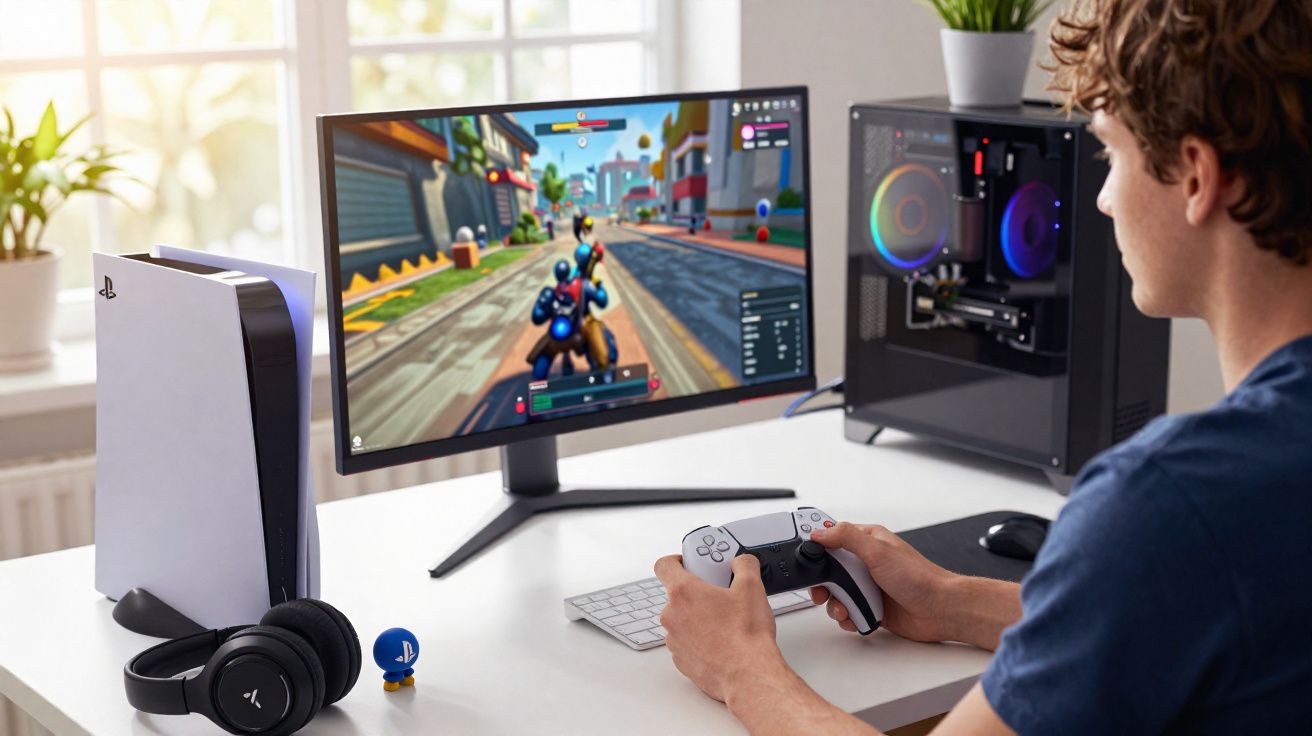 Jovem a jogar videojogo num monitor com comando PlayStation, consola PS5 e auscultadores na secretária branca.