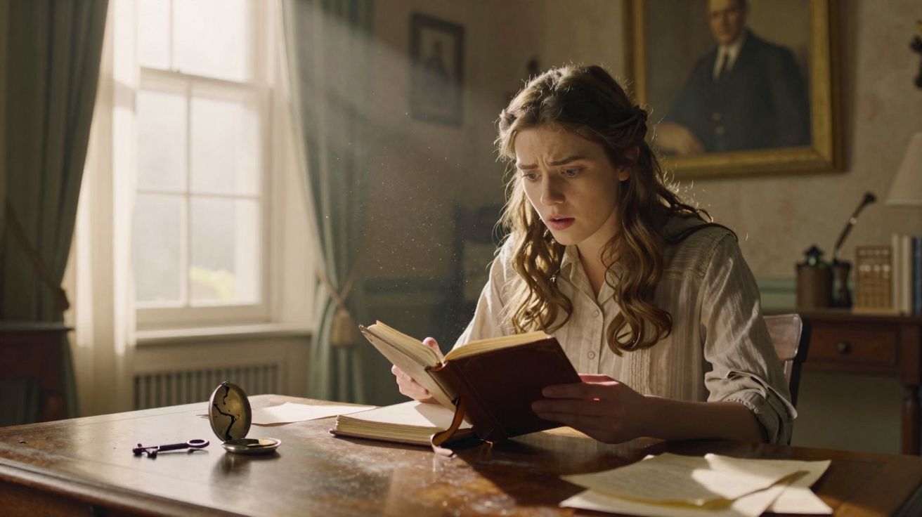 Mulher jovem sentada a uma mesa antiga, lendo um livro com expressão preocupada em quarto iluminado pela janela.