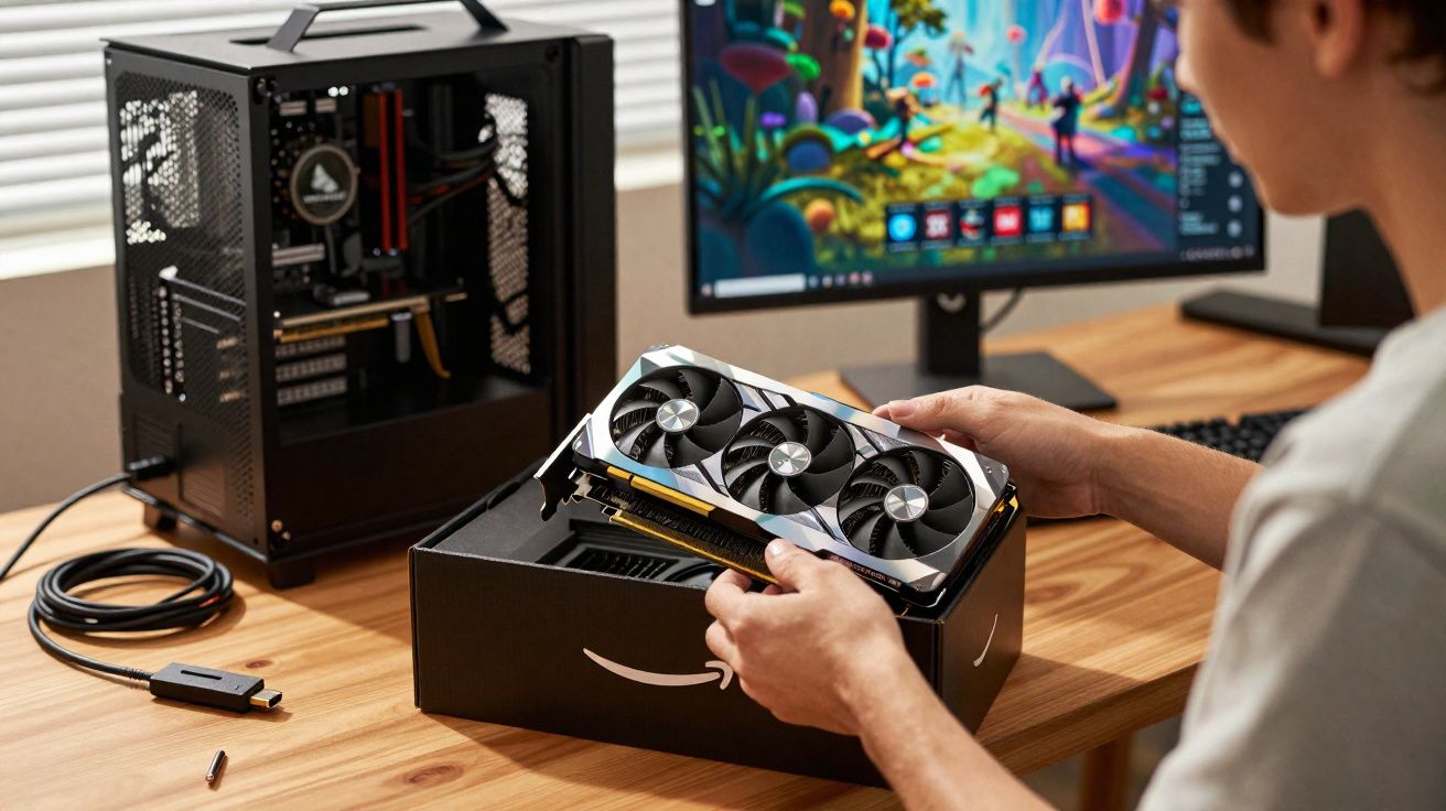 Pessoa a segurar placa gráfica sobre caixa da Amazon ao lado de computador com ecrã ligado numa secretária de madeira.