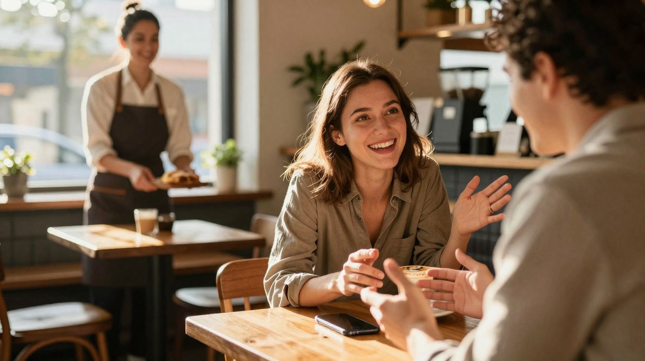 Mulher sorridente conversa com homem numa mesa de café enquanto empregada serve em fundo desfocado.