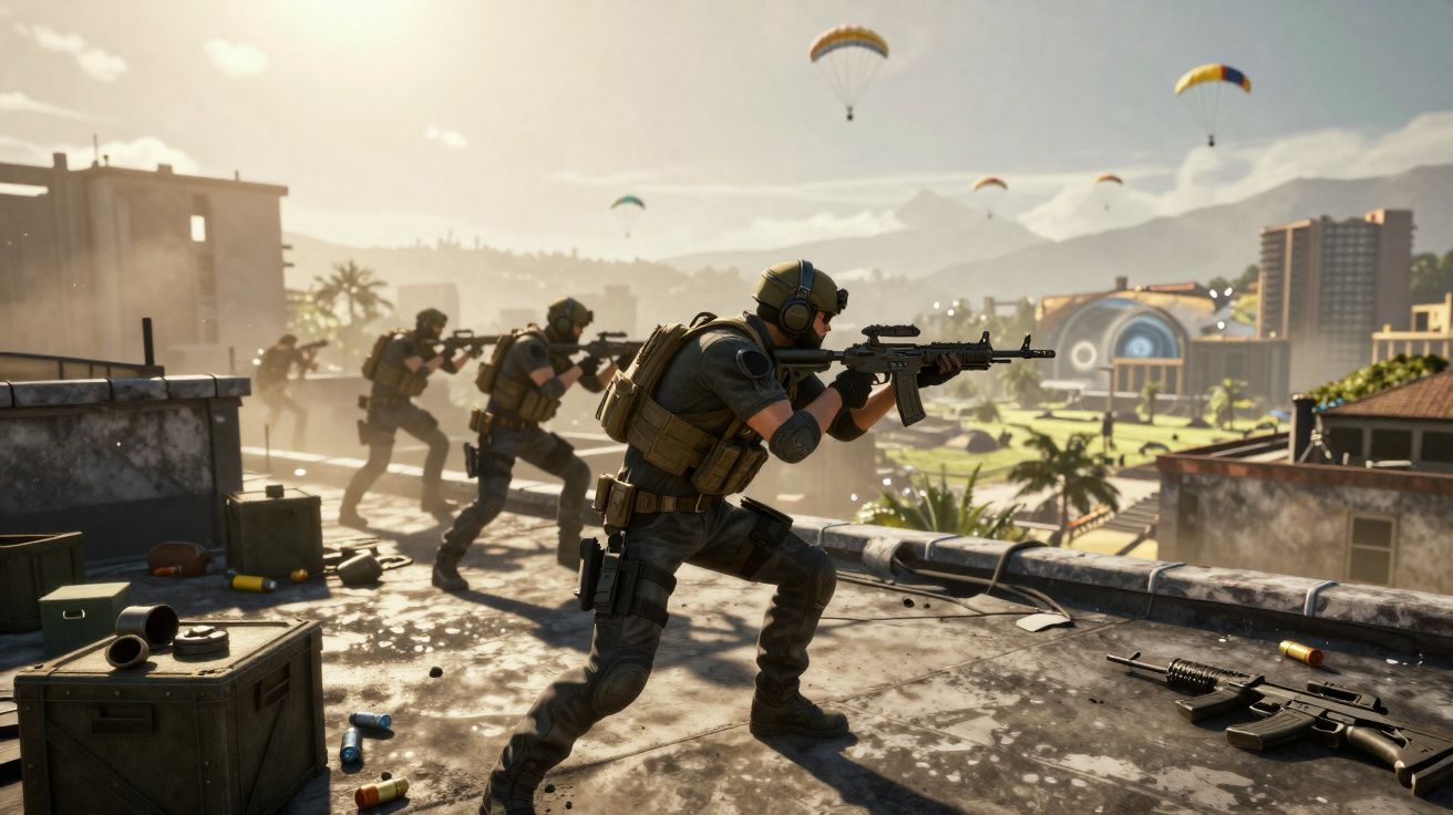 Soldados armados avançam taticamente num telhado urbano enquanto paraquedistas descem ao fundo sob céu enevoado.