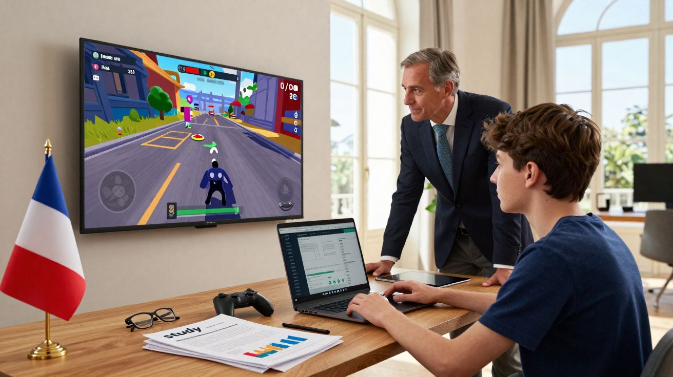 Adolescente joga videojogo de corrida enquanto adulto observa numa sala iluminada com bandeira francesa na secretária.