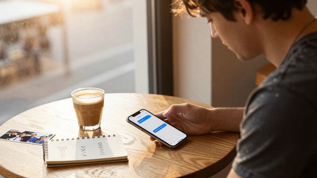 Homem sentado numa mesa redonda com café, caderno e a enviar mensagens no telemóvel junto a uma janela.