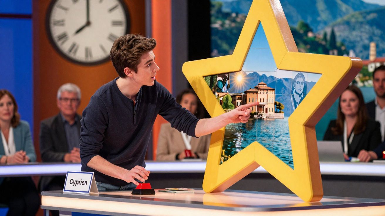 Jovem a apontar para um quadro em forma de estrela numa competição de perguntas com público ao fundo.
