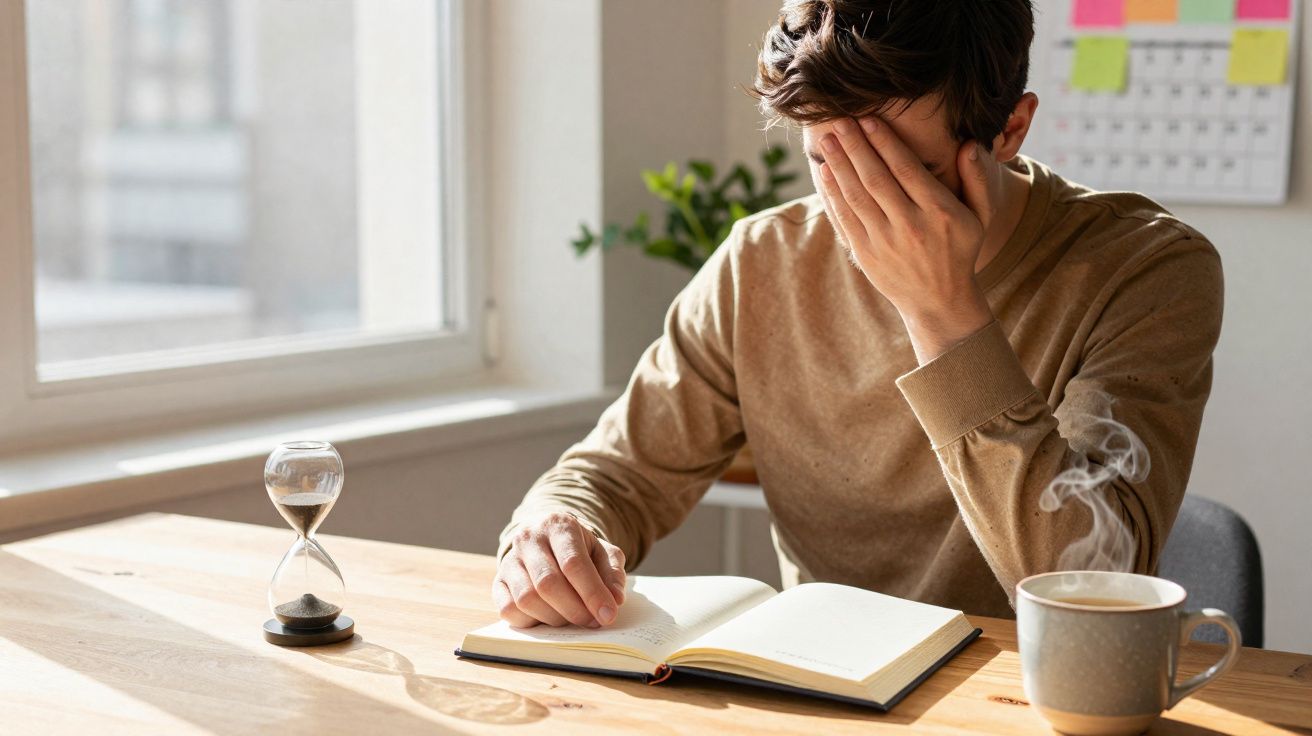 Homem sentado à mesa com rosto tapado, livro aberto, ampulheta e chá quente ao lado numa sala iluminada.